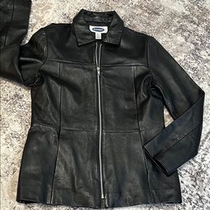 Black Genuine Leather Jacket Silver Zipper Pockets Lined M